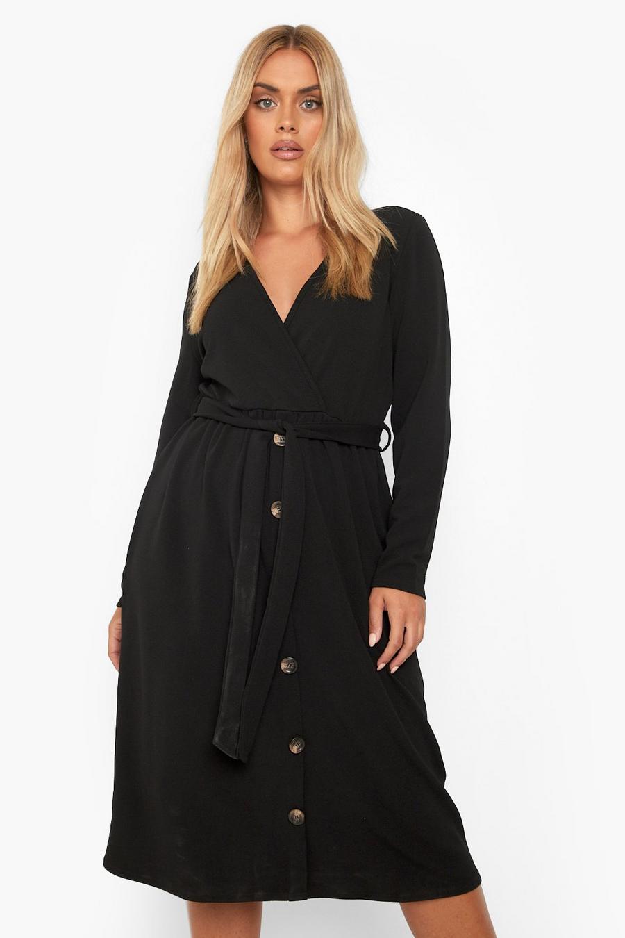 Black Plus Belted Button Long Sleeve Midi Dress