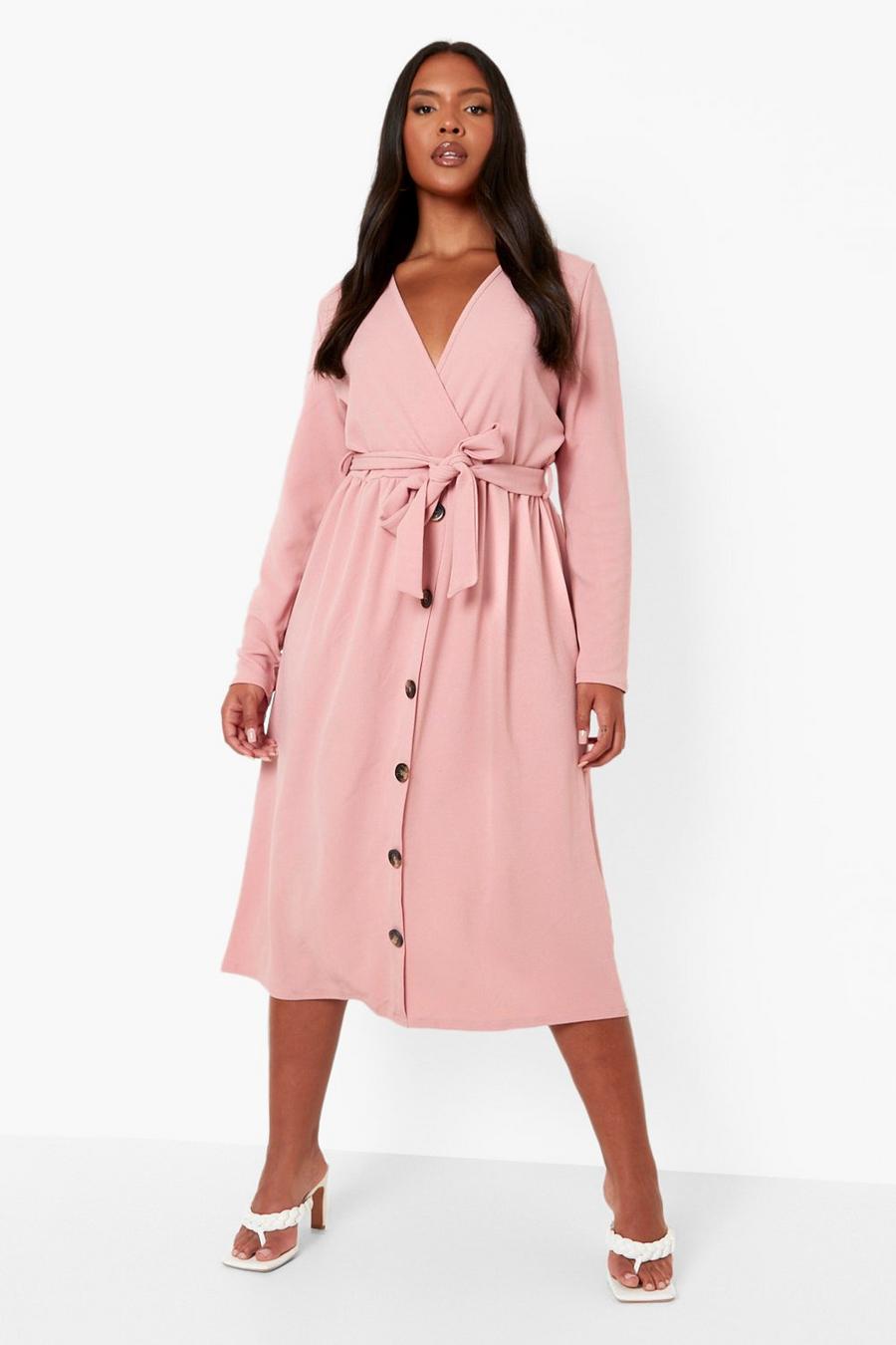 Blush Plus Belted Button Long Sleeve Midi Dress image number 1