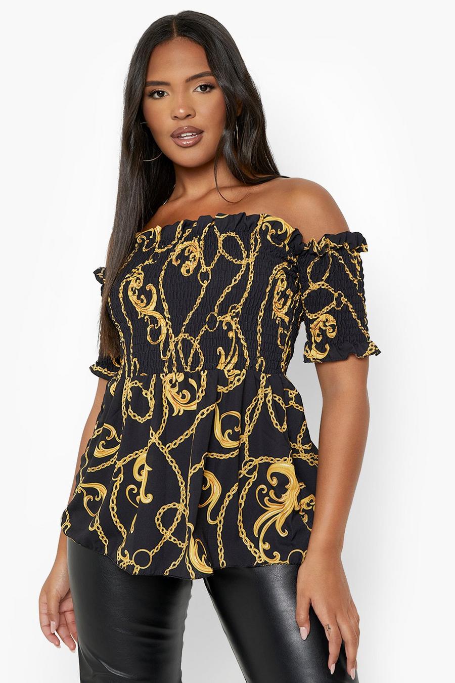 Black Plus Chain Print Off The Shoulder Top image number 1