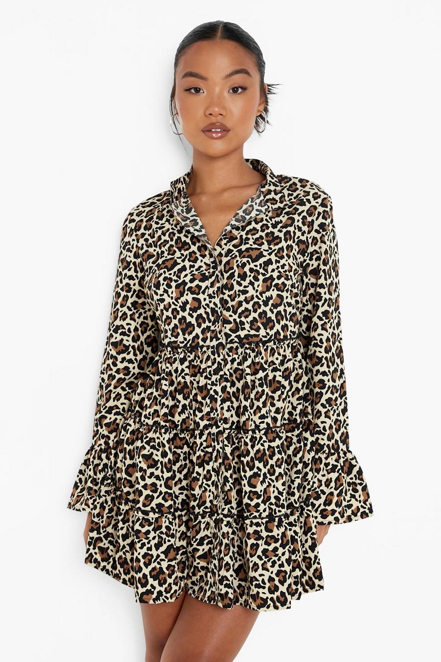 Petite gestuftes Smok-Kleid mit Leopardenprint, Leopard image number 1
