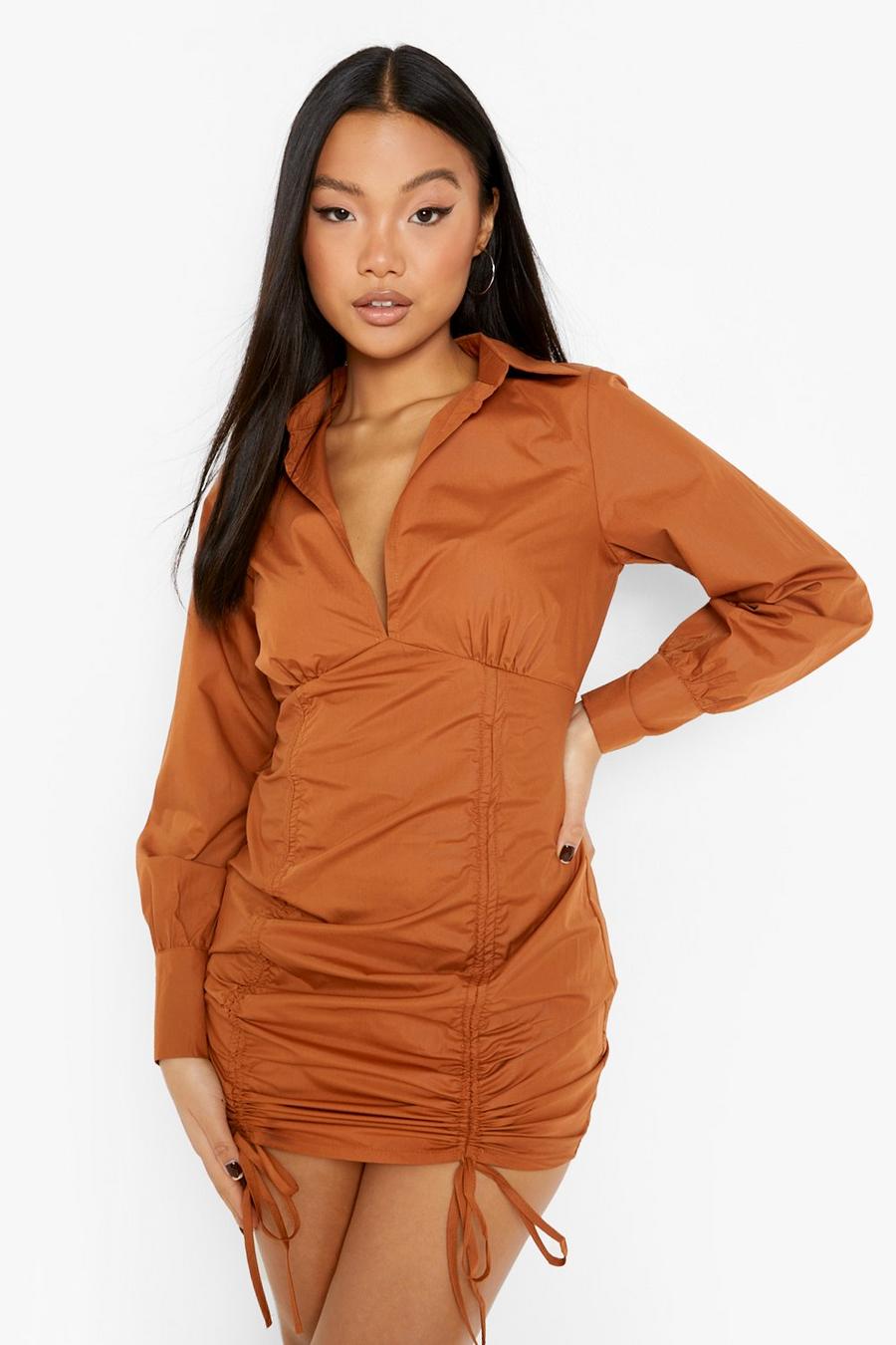 Rust Petite Ruched Detail Puff Sleeve Mini Dress image number 1