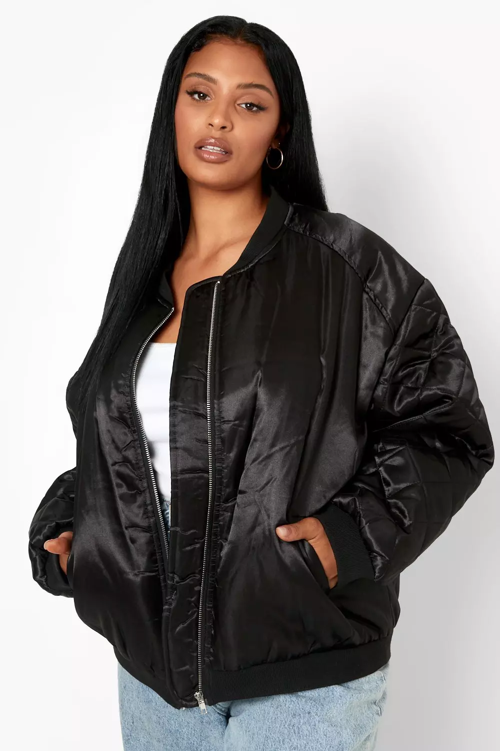 Quilted Sateen Bomber Jacket - Black