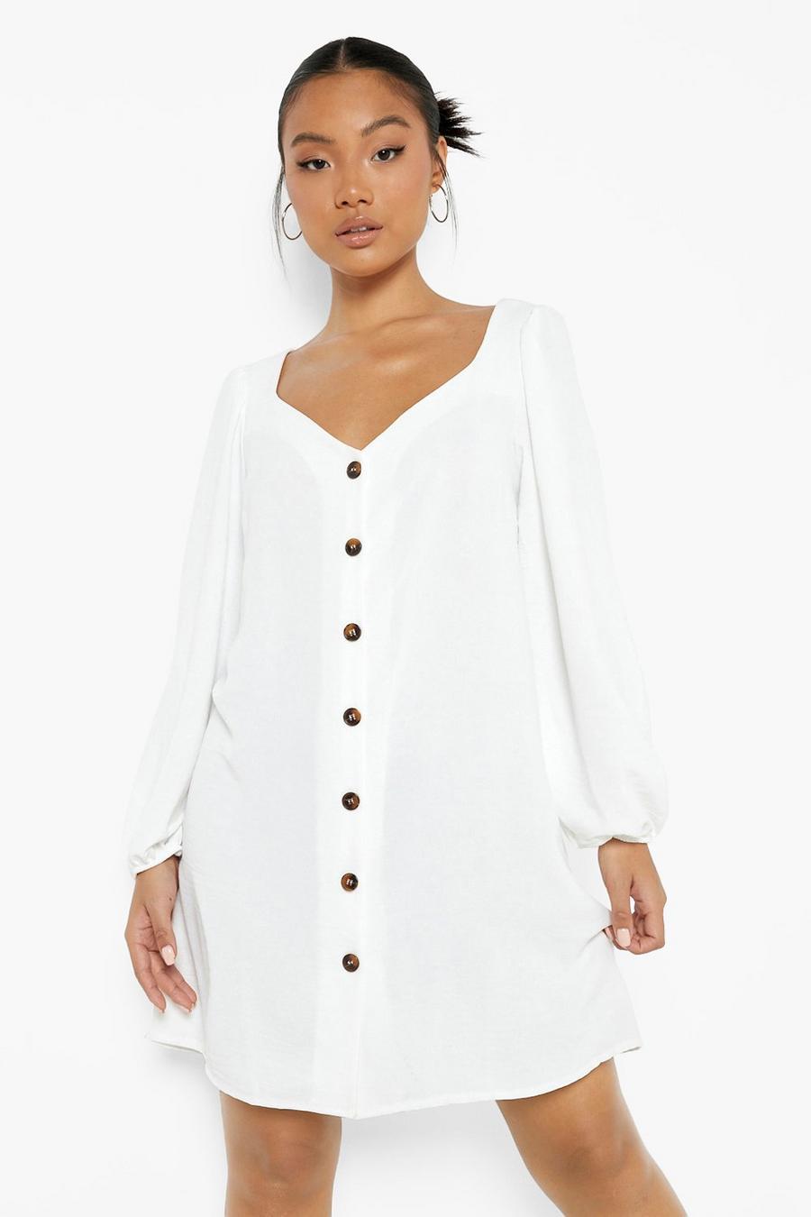 White Petite Puff Sleeve Button Front Swing Dress image number 1