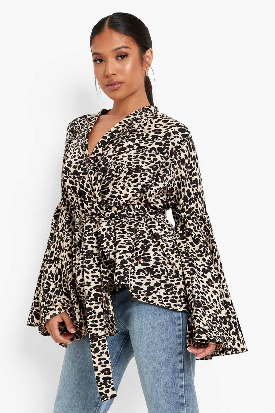 Leopard Petite Animal Wrap Front Flare Sleeve Blouse image number 1