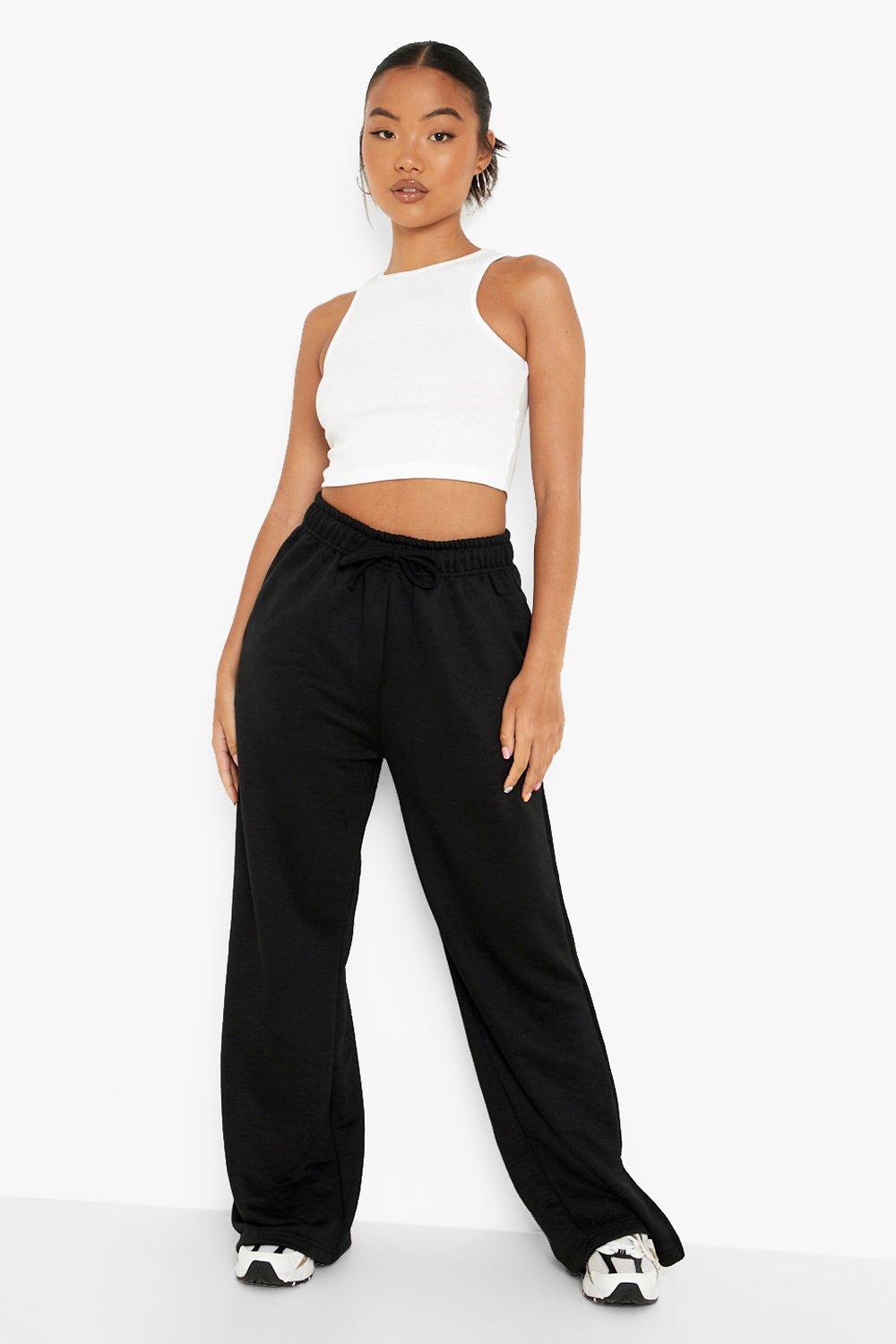 Women s Black Petite Wide Leg Split Flare Joggers Boohoo UK