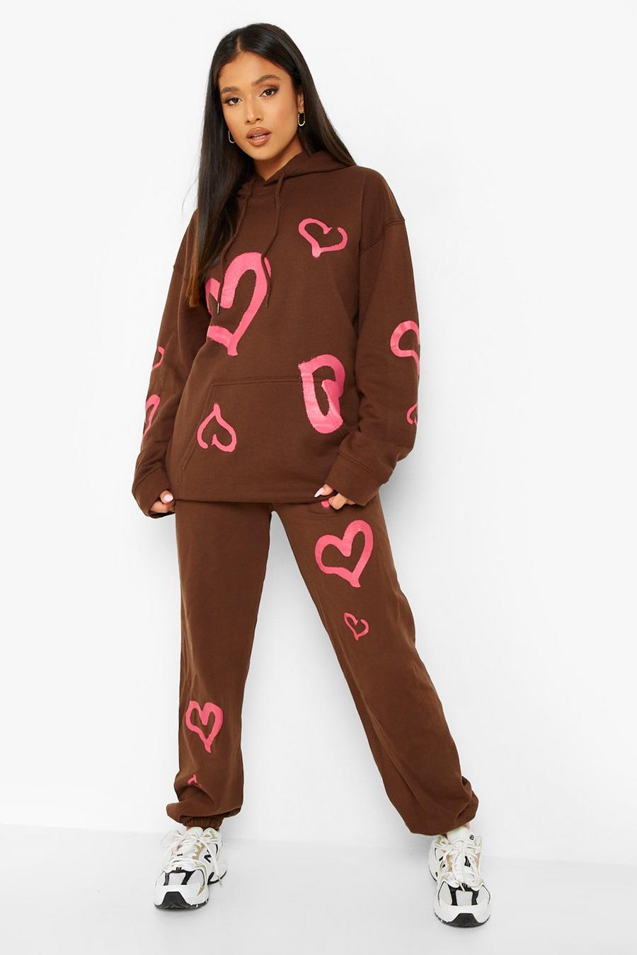 Chocolate Petite Heart Print Jogger Tracksuit image number 1