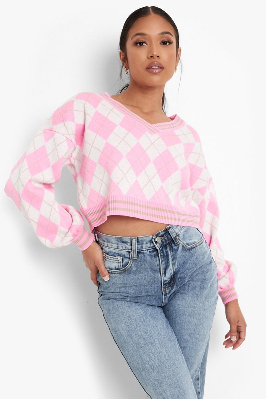 Pale pink Petite Argyle Knitted V Neck Sweater image number 1