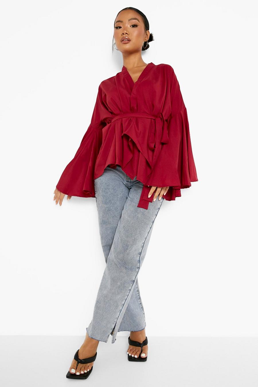 Berry Petite Wrap Front Flare Sleeve Blouse image number 1