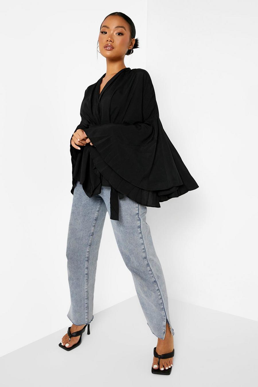 Black Petite Wrap Front Flare Sleeve Blouse image number 1