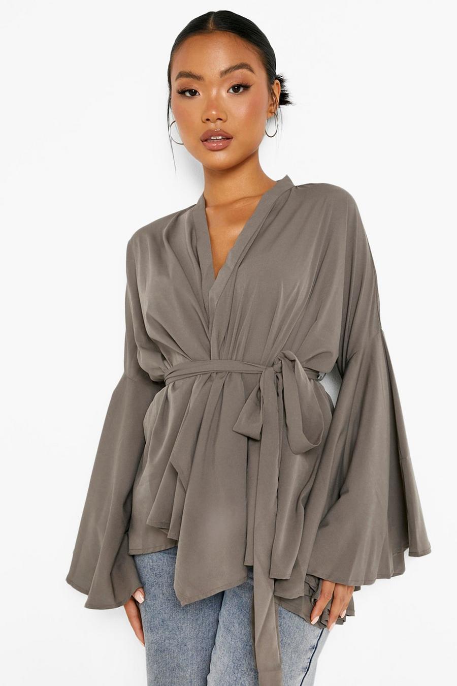 Taupe Petite Wrap Front Flare Sleeve Blouse image number 1