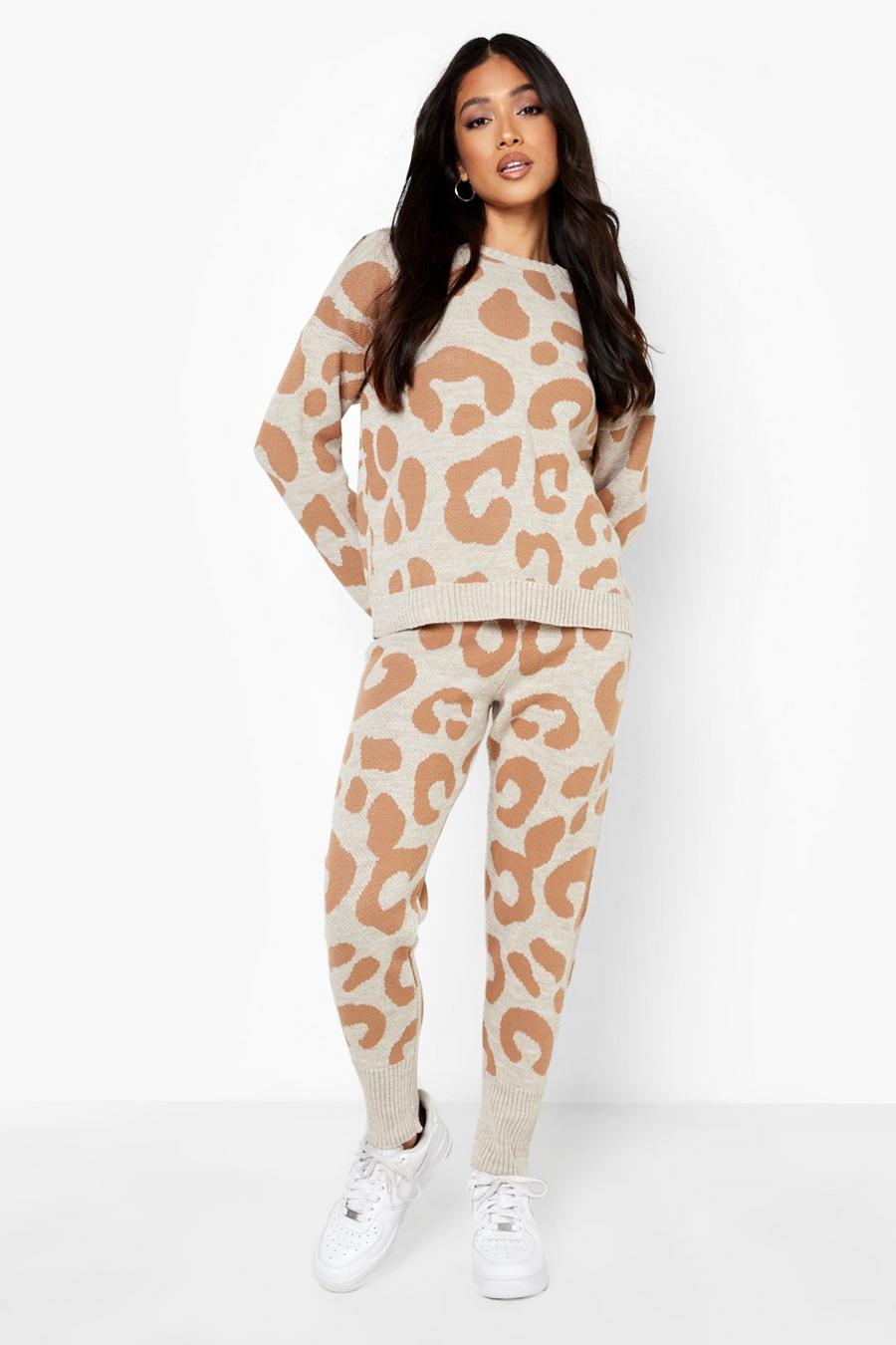 Sand beige Petite Leopard Knitted Jumper Co-Ord