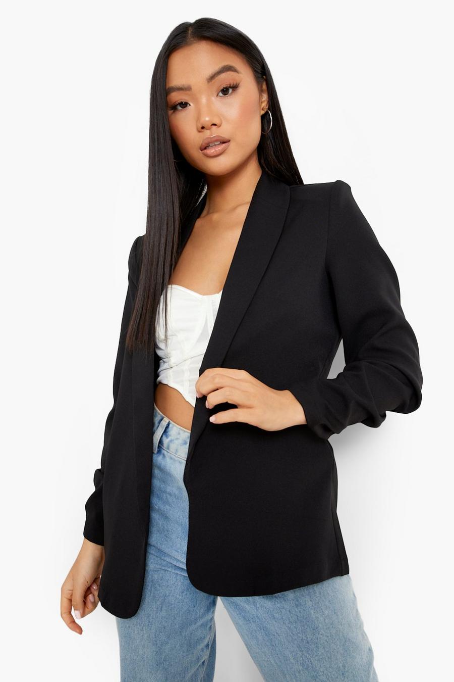 Black Petite Ruched Sleeve Oversized Blazer image number 1