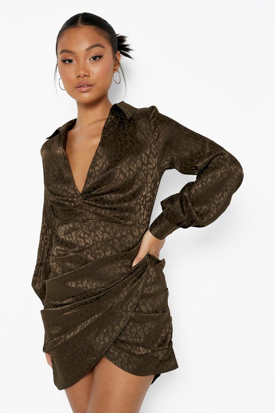 Khaki Petite Satin Plunge Woven Wrap Mini Dress image number 1