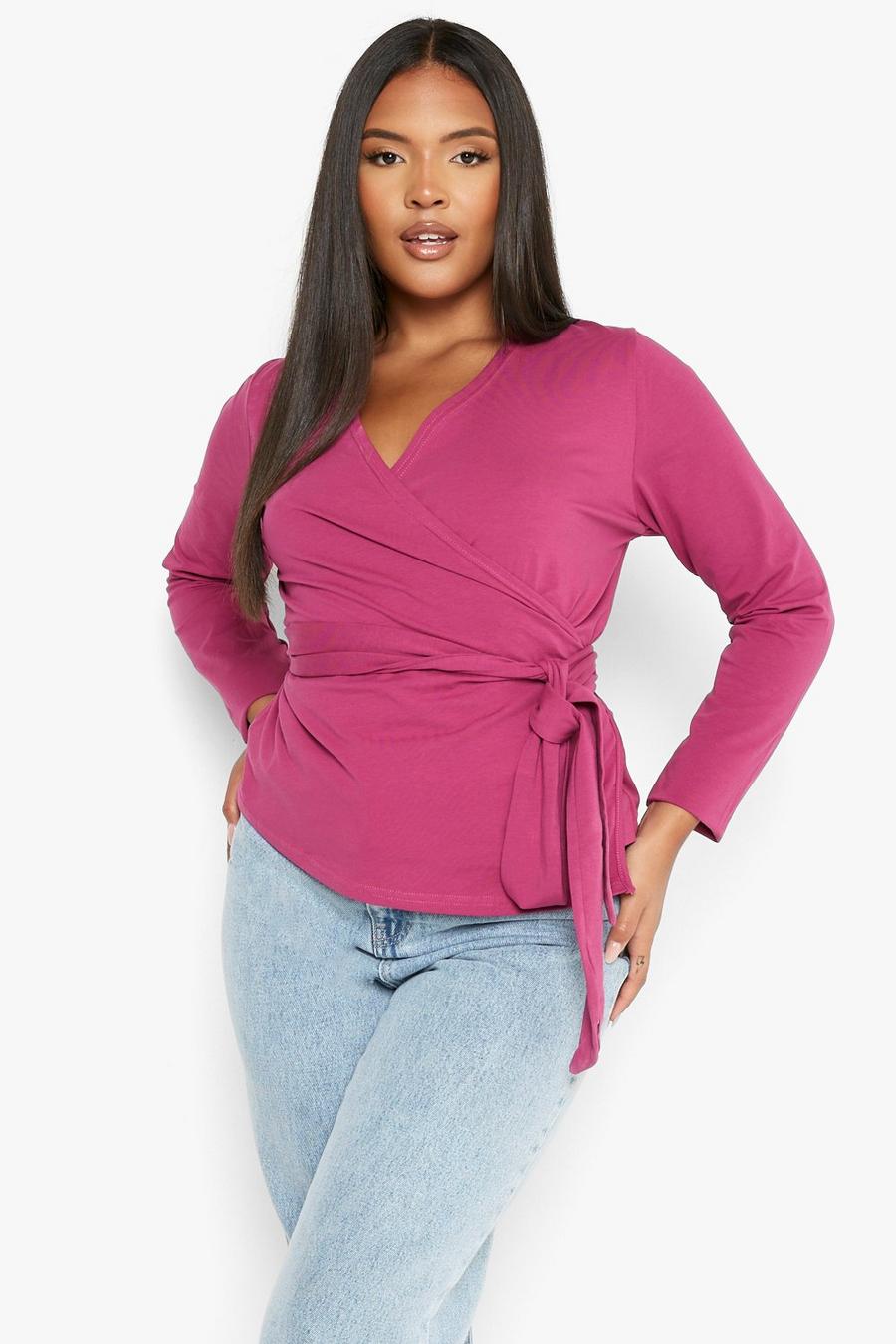 Berry Plus Jersey Knit Wrap Front Long Sleeve Top image number 1