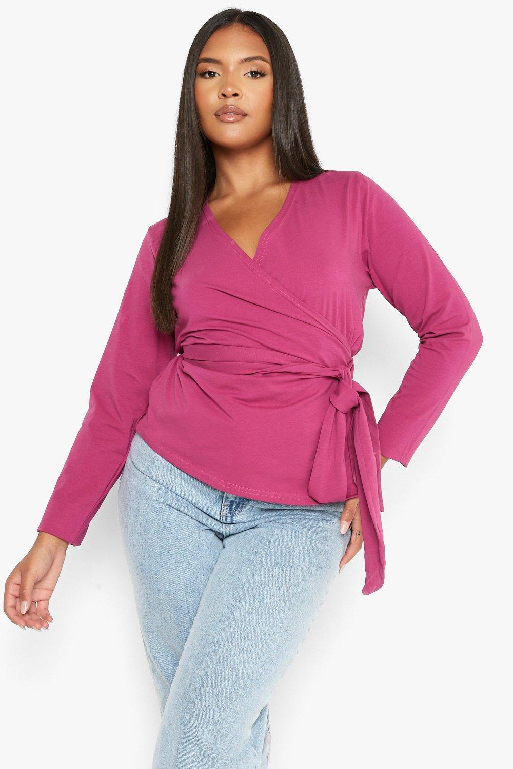 Red Plus Jersey Wrap Front Long Sleeve Top