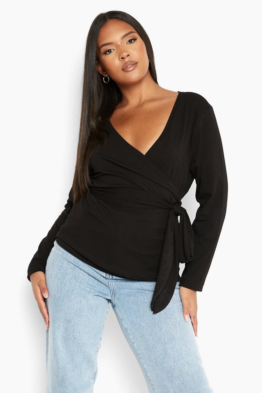 Black Plus Jersey Knit Wrap Front Long Sleeve Top image number 1