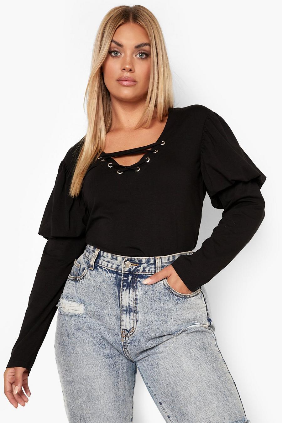 Black Plus Lace Up Puff Sleeve Top image number 1