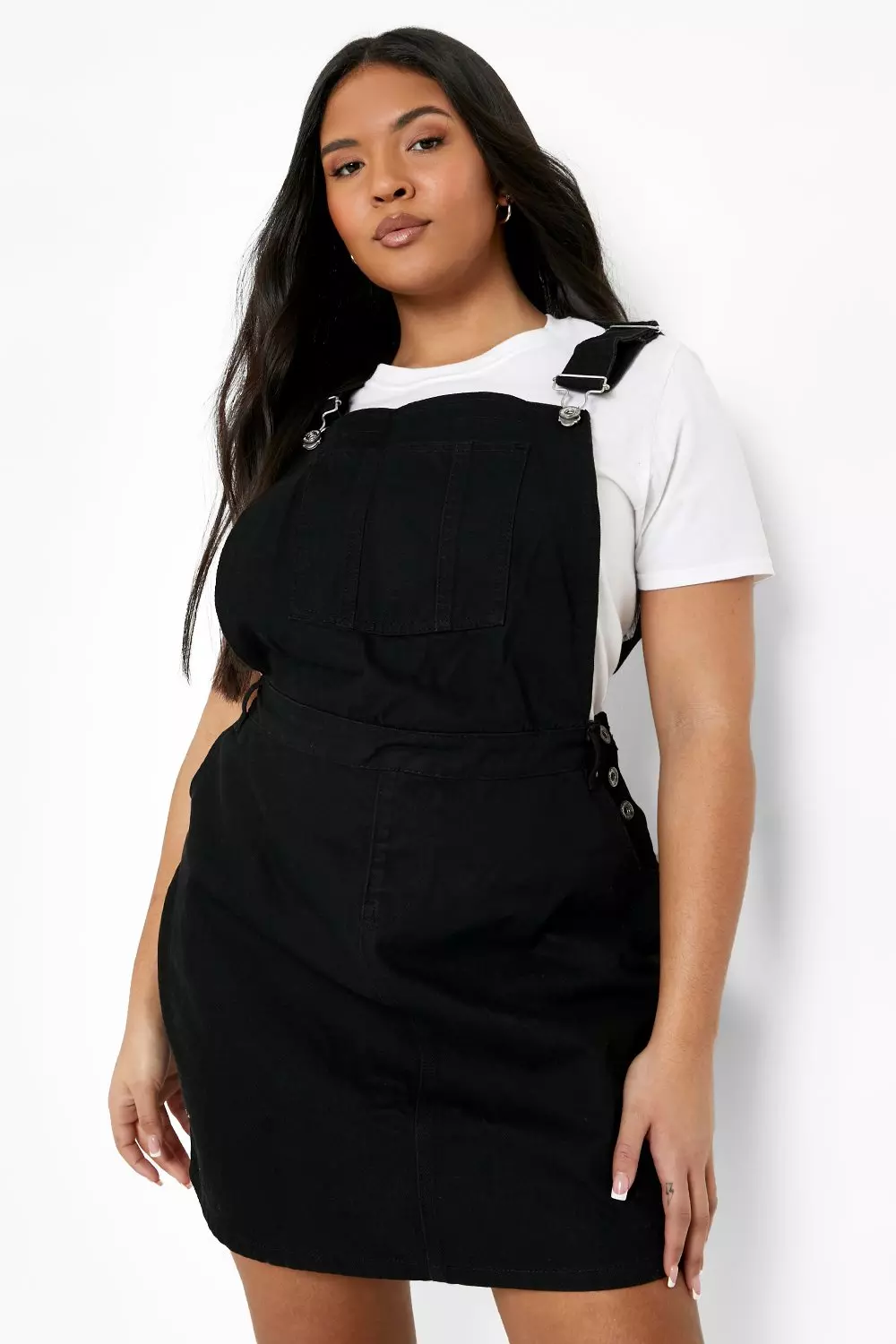 Denim pinafore dress store boohoo