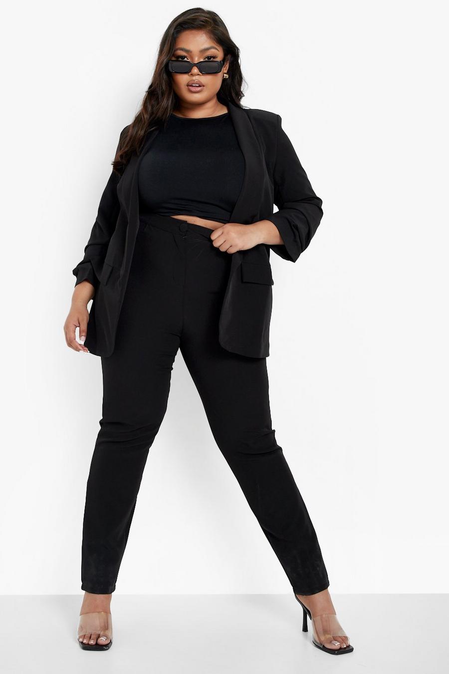 שחור חליפה מחויטת מכנסיים וז׳קט עם כיווצים בשרוולים למידות גדולות image number 1