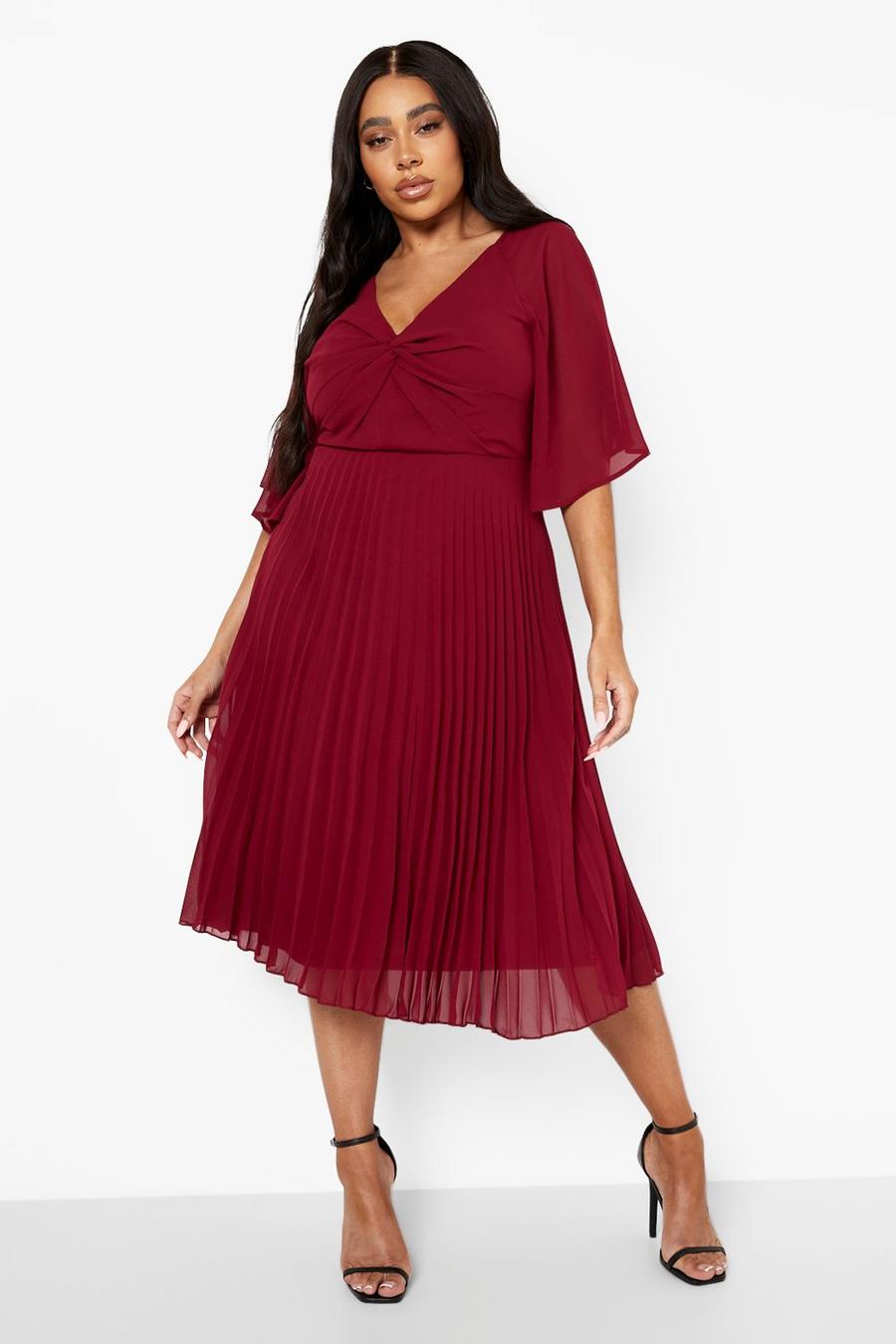 Wine Plus Chiffon Angel Sleeve Midi Dress