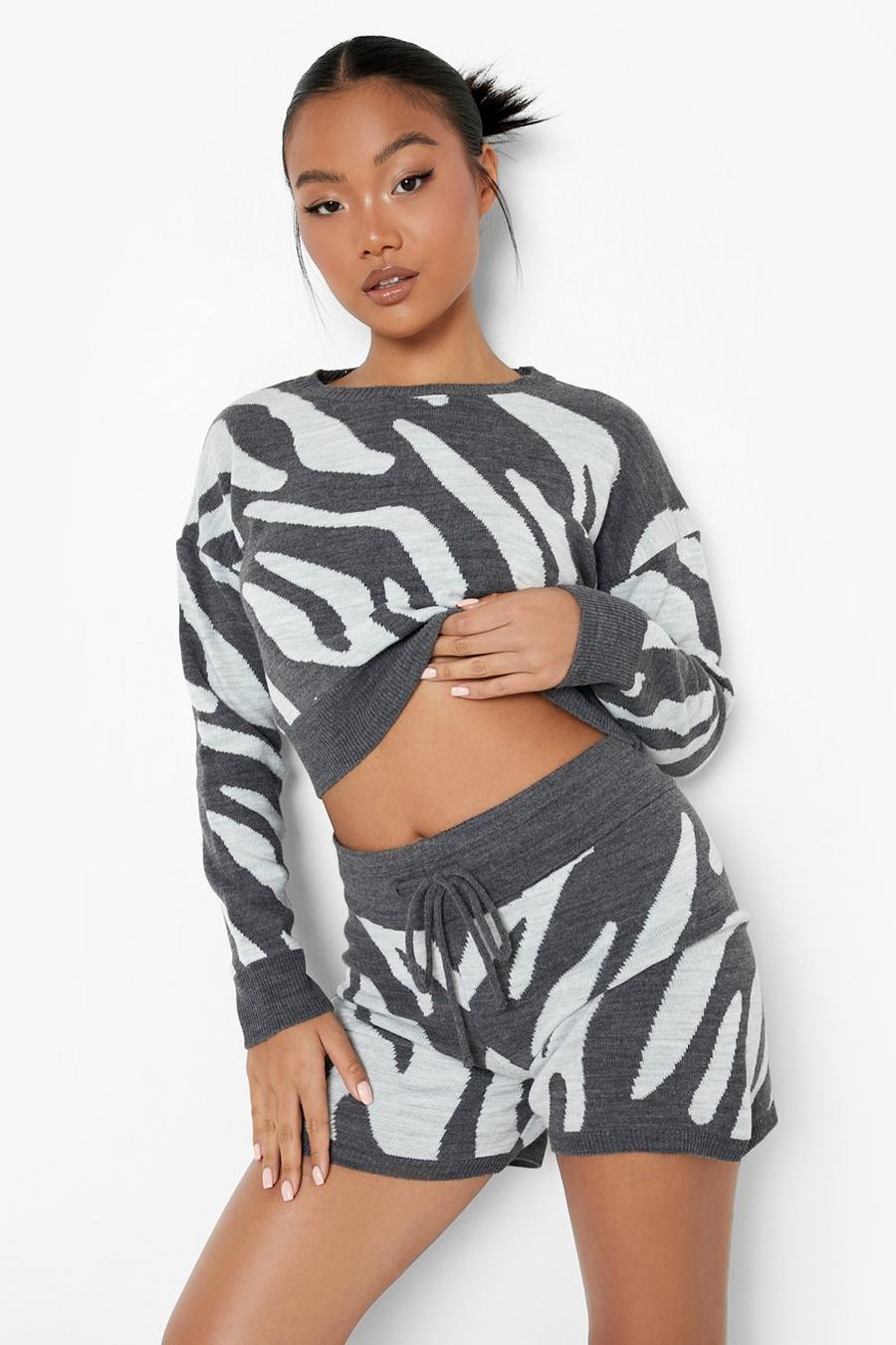 Grey Petite Tonal Zebra Knitted Short Set image number 1