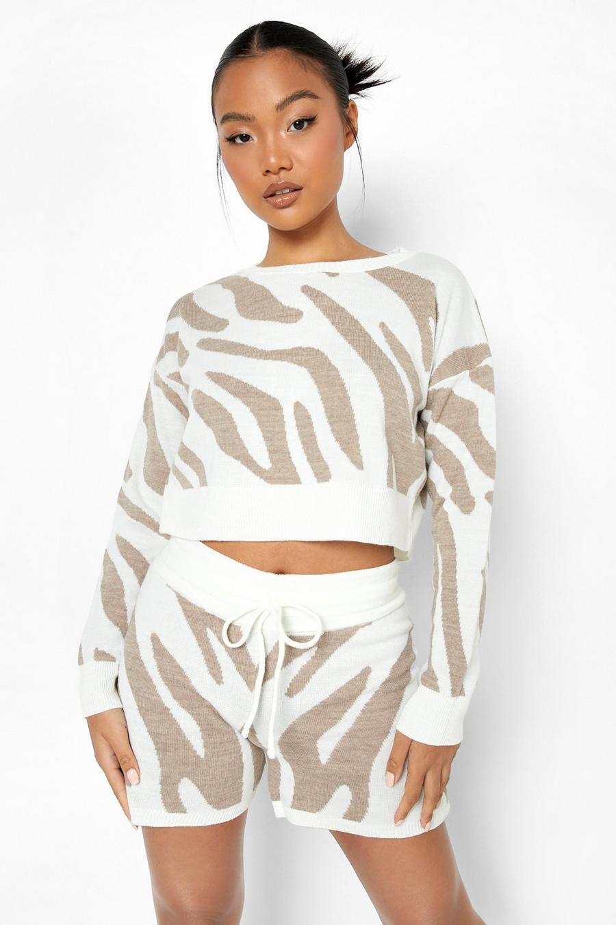 Sand beige Petite Tonal Zebra Knitted Short Set