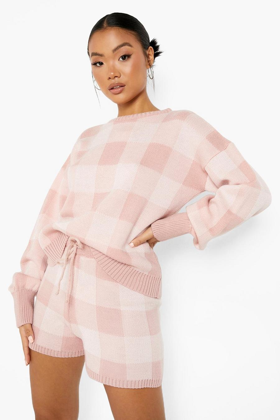 Blush Petite Check Knitted Jumper And Short Co-Ord image number 1