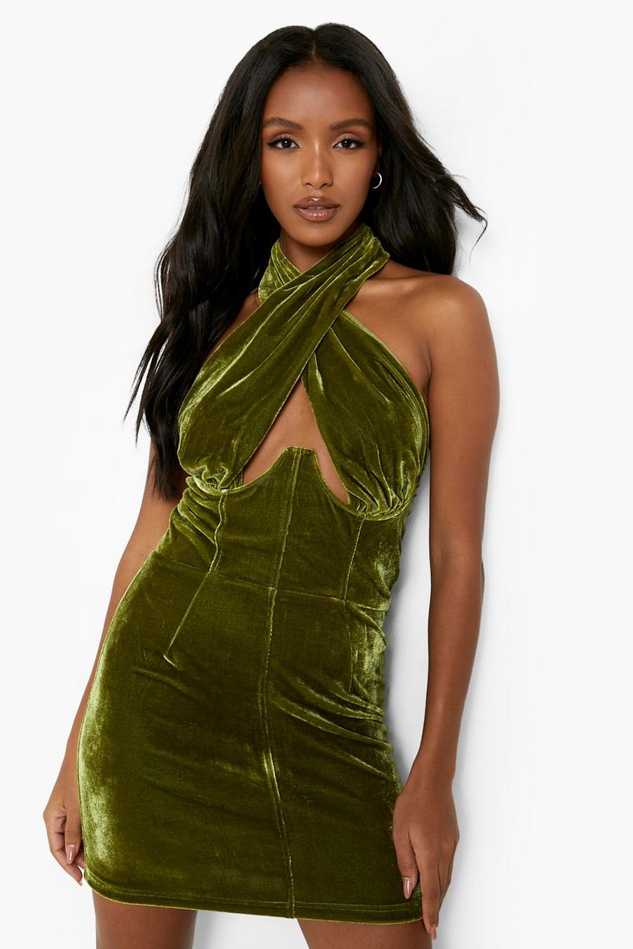 ירוק שמלת קטיפה עם מחוך מצטלב, פטיט image number 1