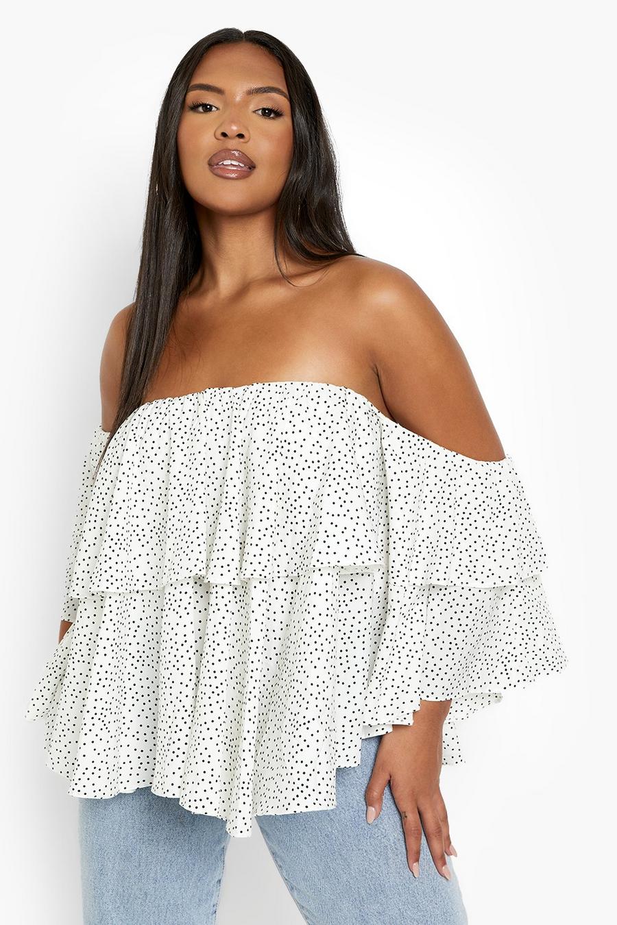 Ivory Plus Polka Dot Off The Shoulder Ruffle Top image number 1