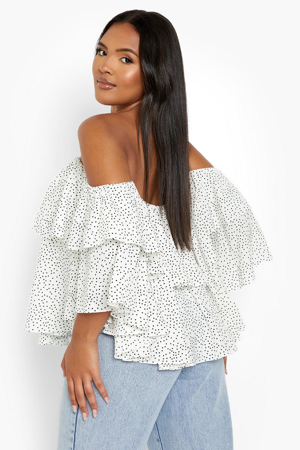 White polka dot off the shoulder top sale
