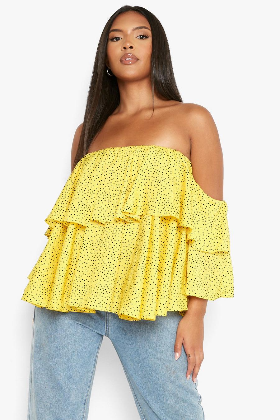 Yellow Plus Polka Dot Off The Shoulder Ruffle Top image number 1