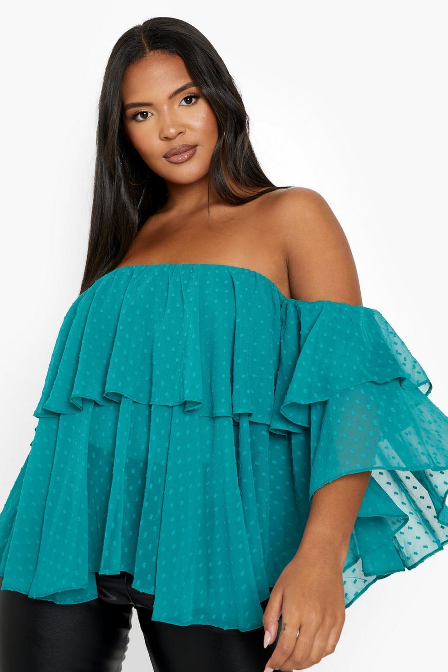 Green Plus Off The Shoulder Dobby Mesh Top image number 1