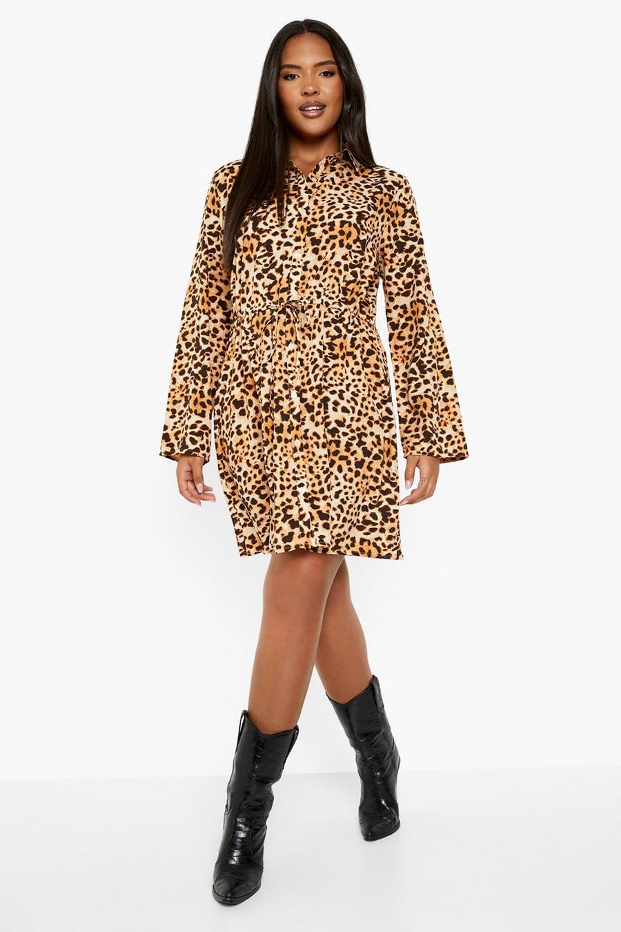 Plus Leopard Drawstring Waist Shirt Dress image number 1