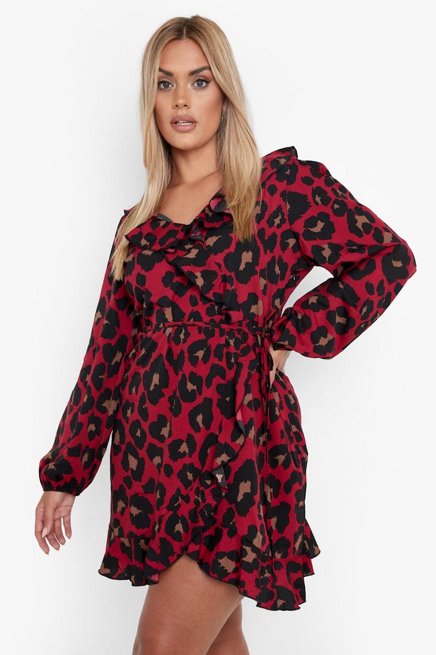 Berry red Plus Long Sleeve Woven Frill Wrap Dress