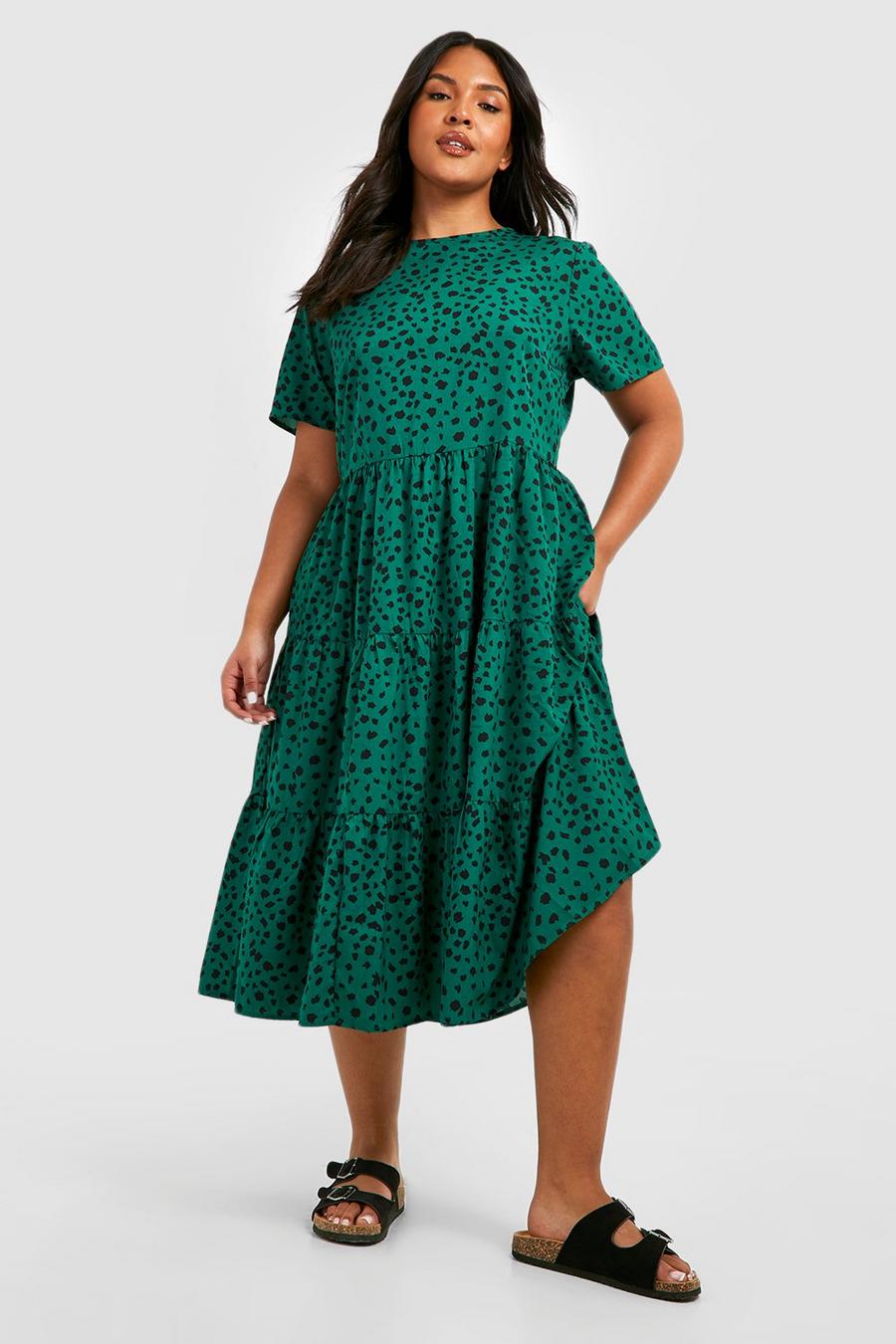 Green grün Plus Smudge Print Tiered Midi Dress