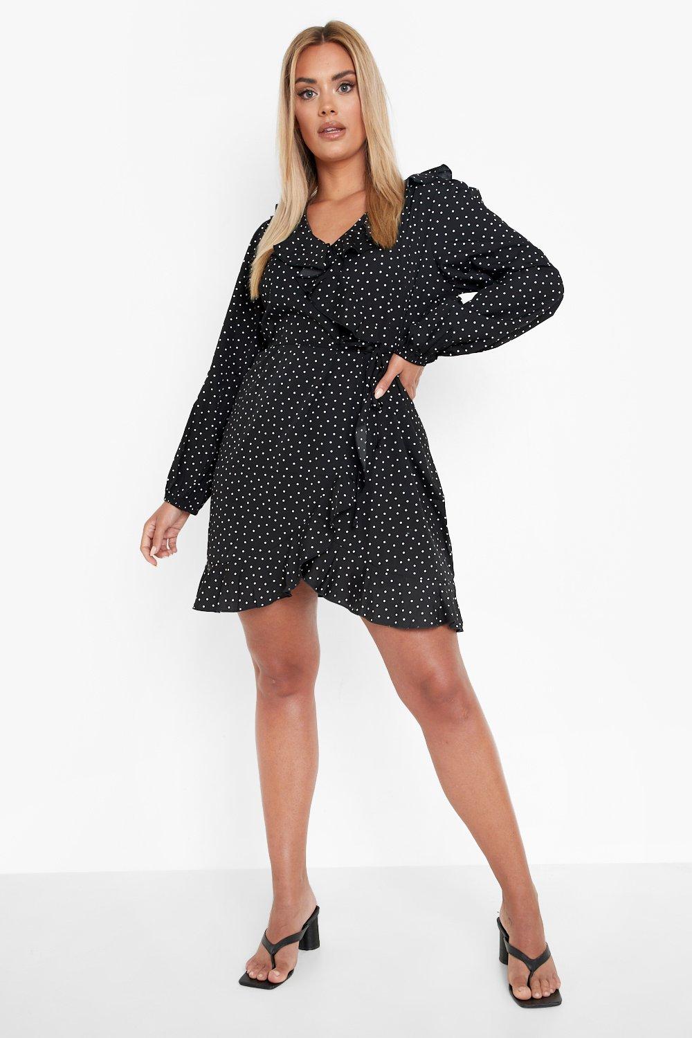 Plus Polka Dot Long Sleeve Wrap Dress