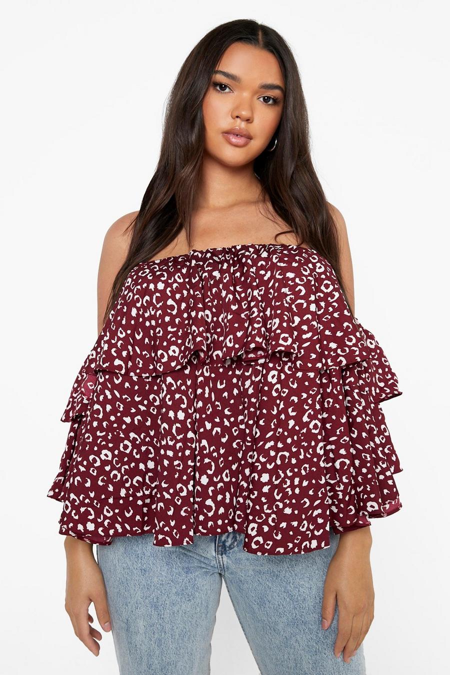 Berry Plus Leopard Off The Shoulder Ruffle Top image number 1