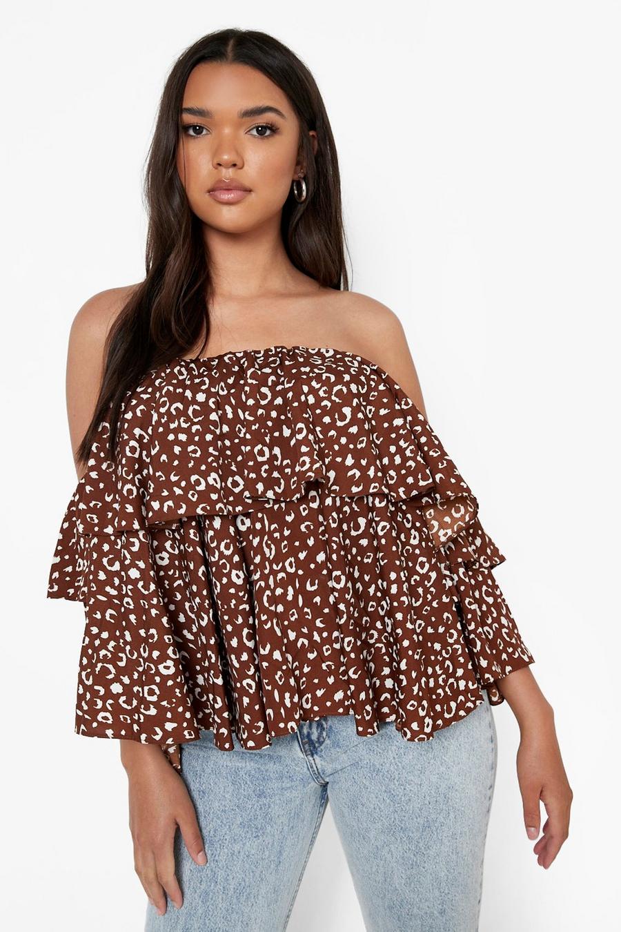 Brown Plus Leopard Off The Shoulder Ruffle Top image number 1