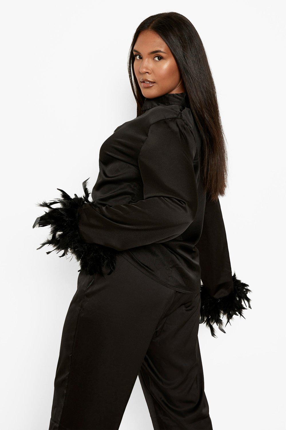 Plus Feather Cuff Oversized Satin Shirt