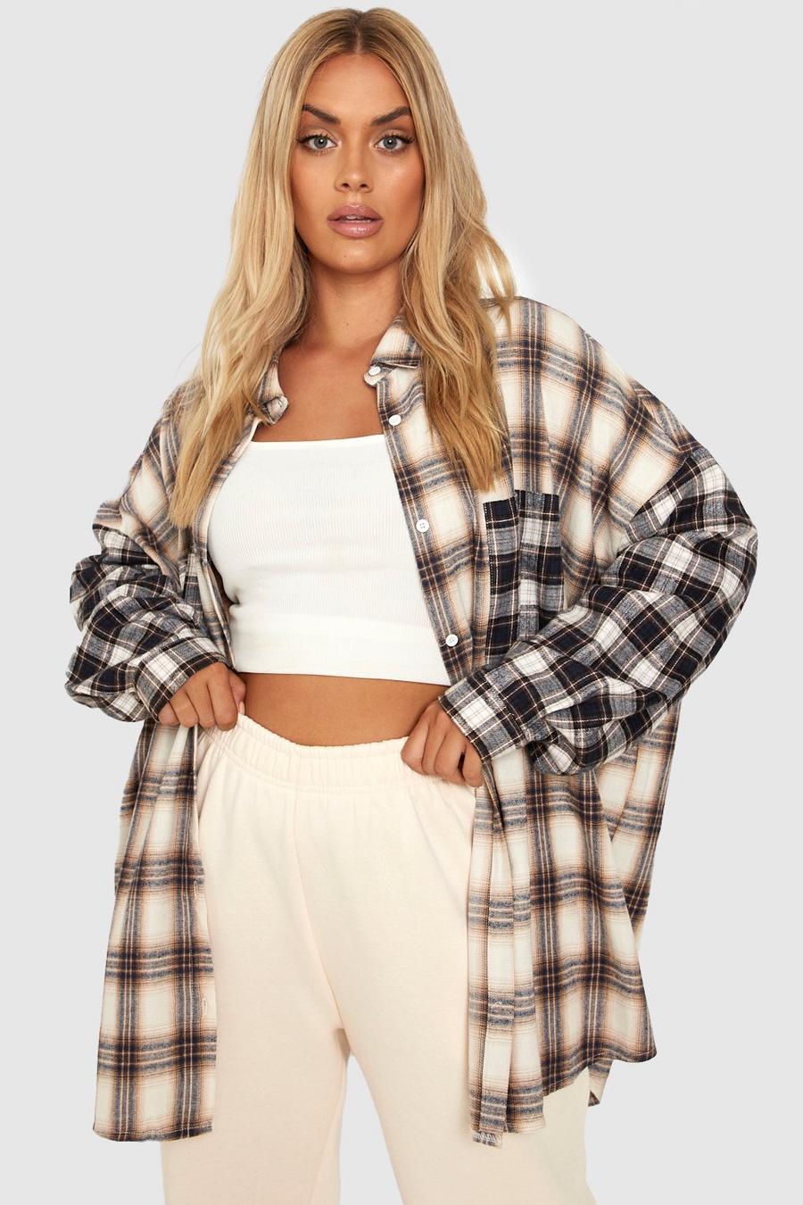 Beige beis Plus Mixed Check Oversized Shirt