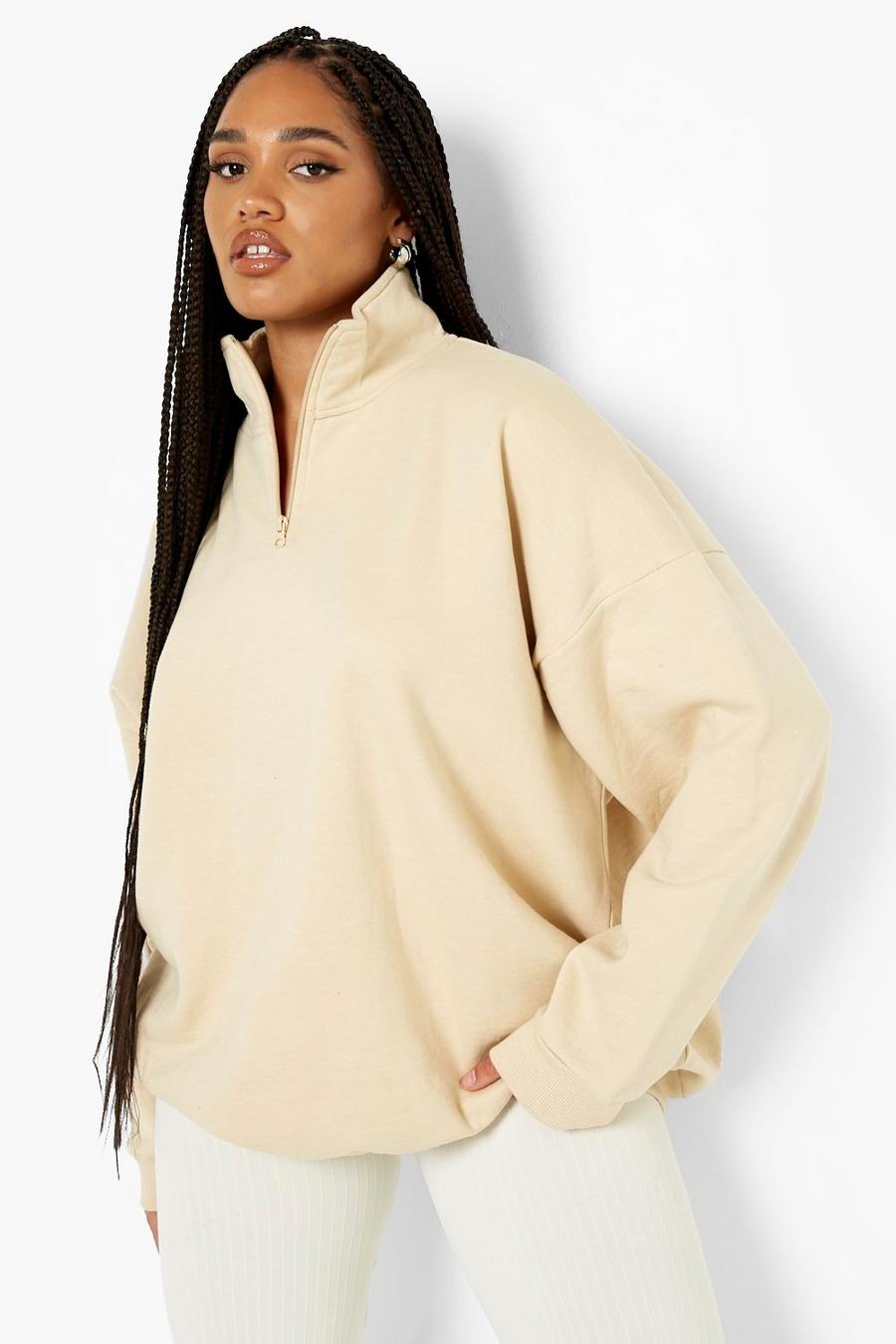 Stone beige Plus - Oversize sweatshirt med kort dragkedja image number 1