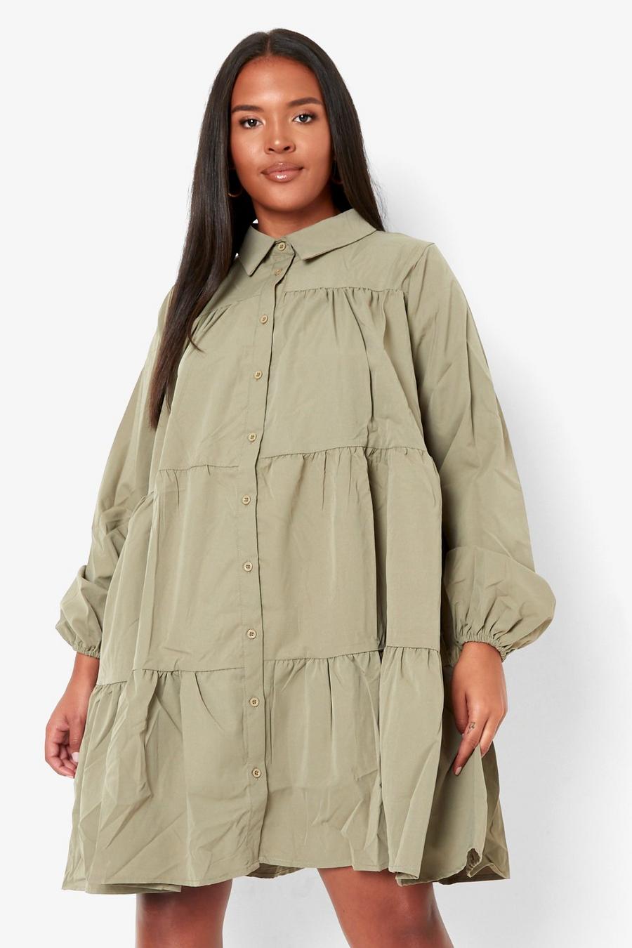 Khaki Plus Tiered Woven Smock Dress image number 1