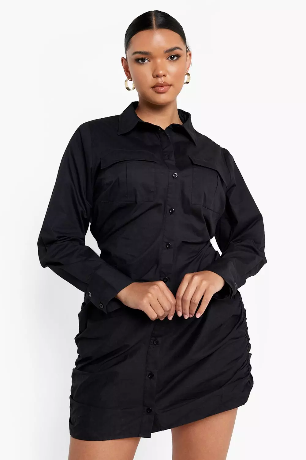 Black Fitted Ruched Side Shirt Dress