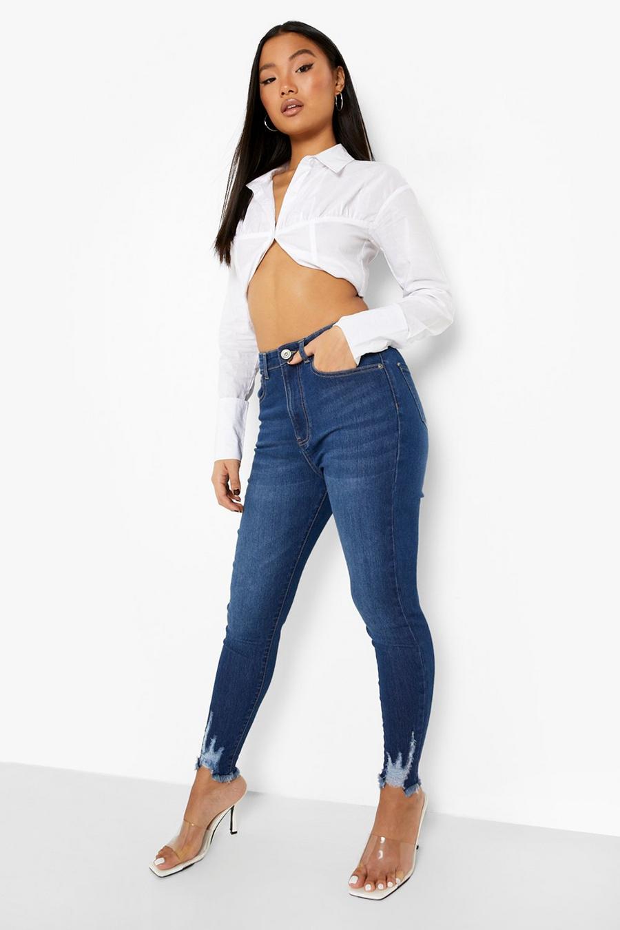 Mid blue Petite - Skinny jeans med slitna detaljer och hög midja image number 1