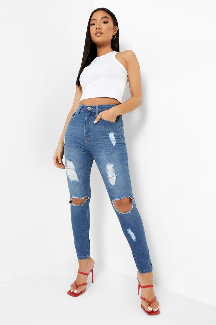 Light blue blå Petite One Button Distressed Skinny Jeans image number 1