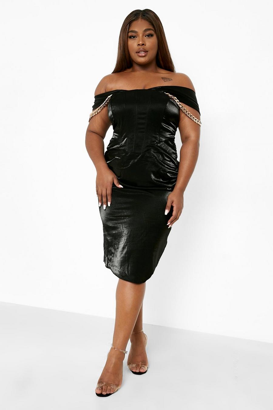 Plus schulterfreies Kleid aus Satin mit Kette, Black image number 1