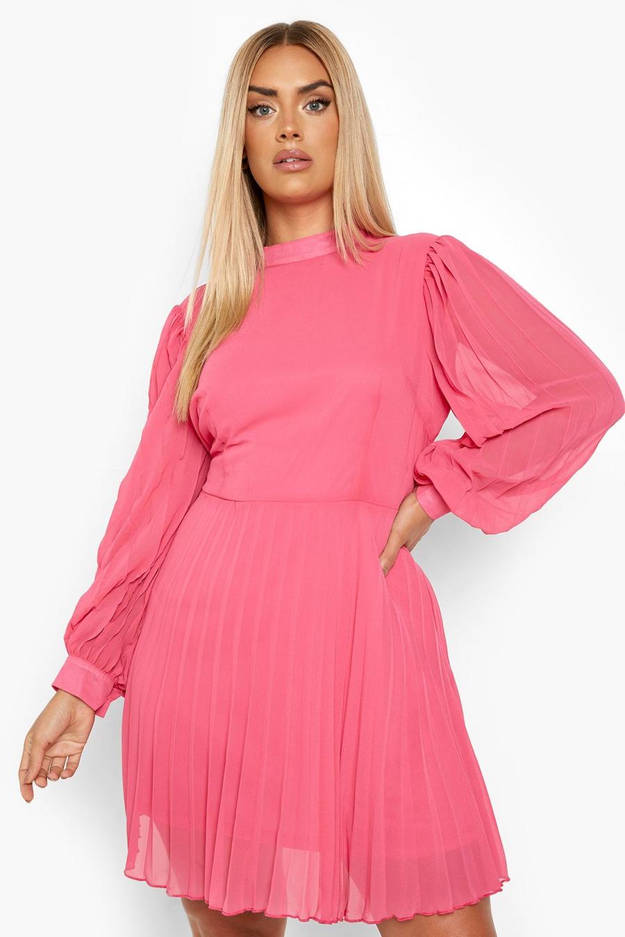 Hot pink Plus Chiffon High Neck Pleated Skater Dress image number 1