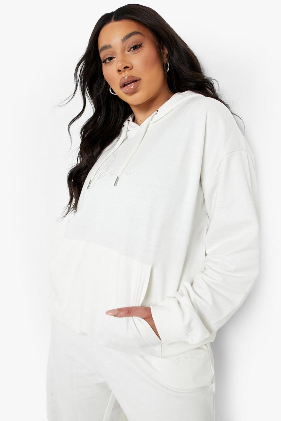 Ecru Plus Woman Embroidered Oversized Hoodie image number 1