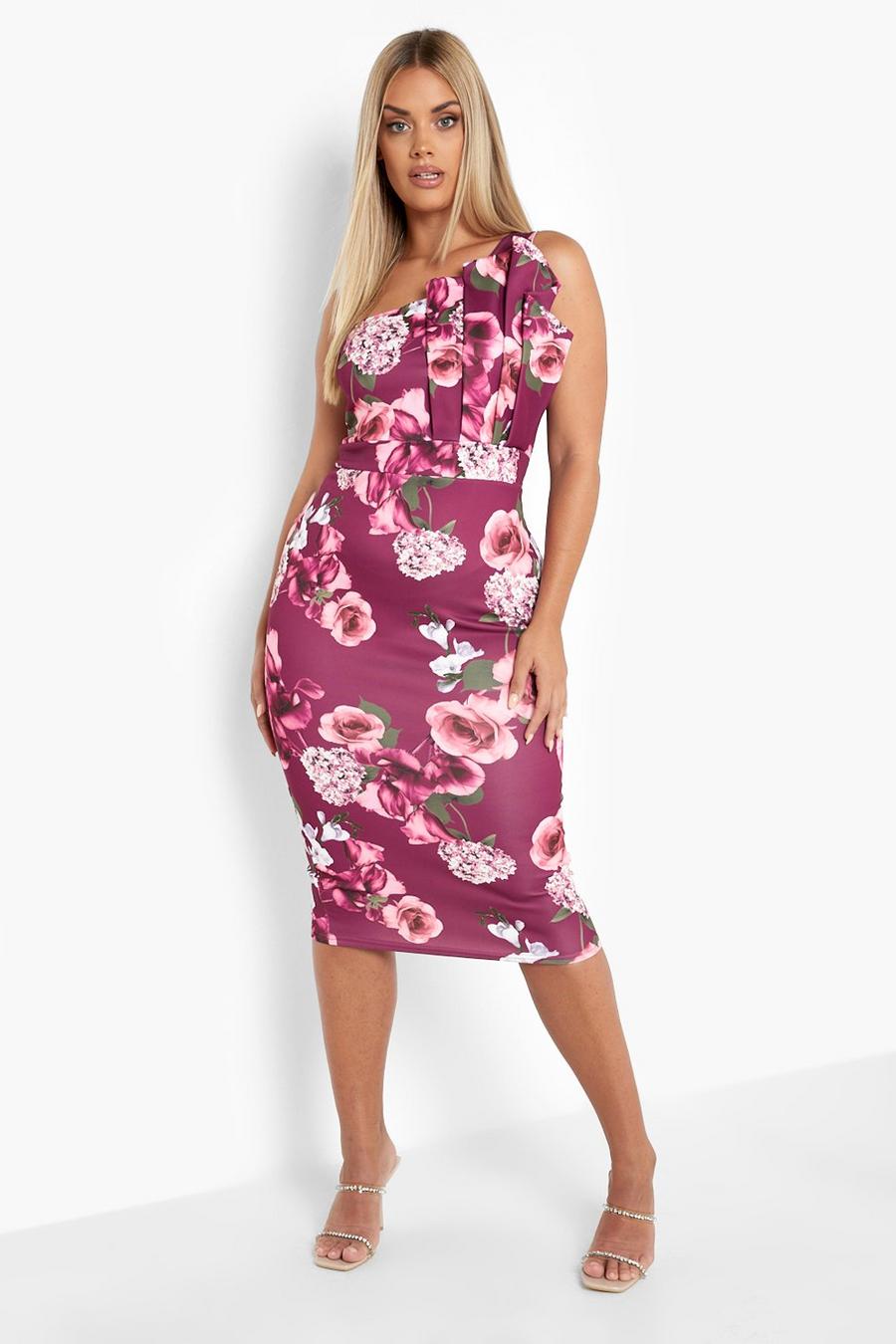 Berry Plus Floral One Shoulder Pleated Midi Dress image number 1