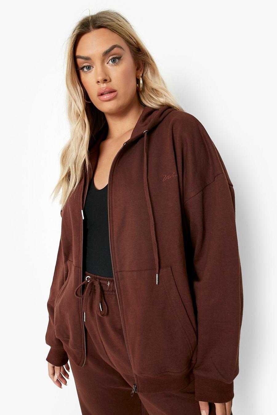 Chocolate brown Plus Embroidered Oversized Zip Through Hoodie